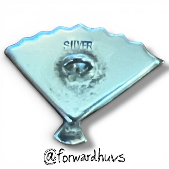 Japanese Damascene Fan Charm – Marked SILVER – Gold & Silver Landscape Inlay - Picture 5 of 7